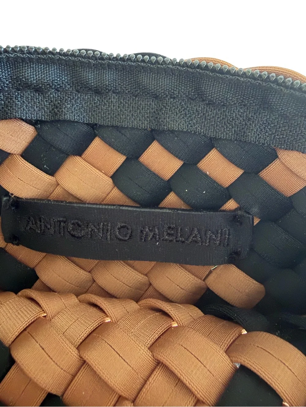 Antonio Melani Large Woven Neoprene Tote Bag w/Matching Wristlet Black & Camel